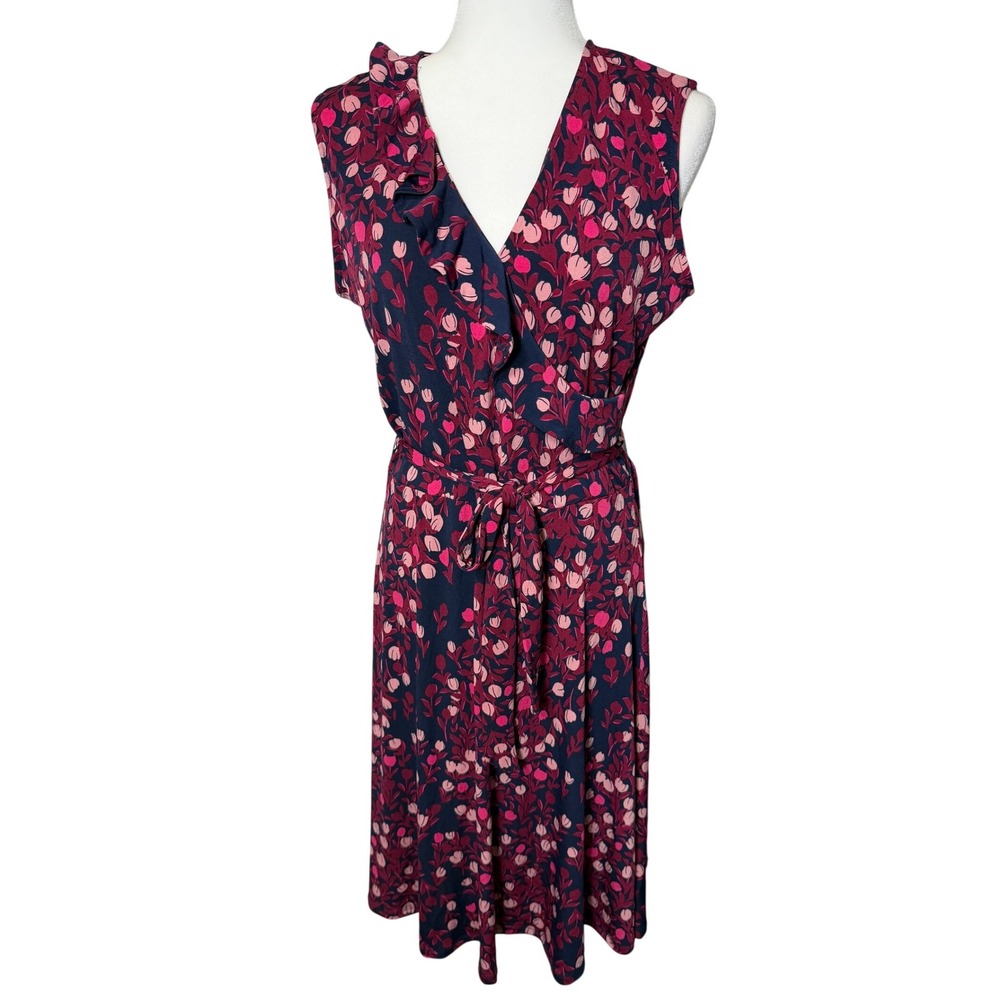 Leota Felicity Faux Wrap Dress Large Floral Tulip Print Sleeveless Navy Pink